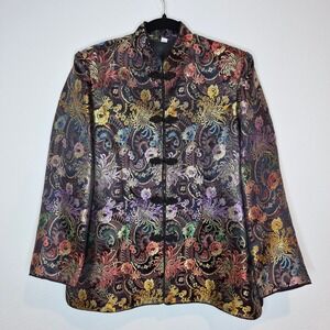 Traditional Black Floral Chinese Colorful Mandarin Frog Button Brocade Jacket XL